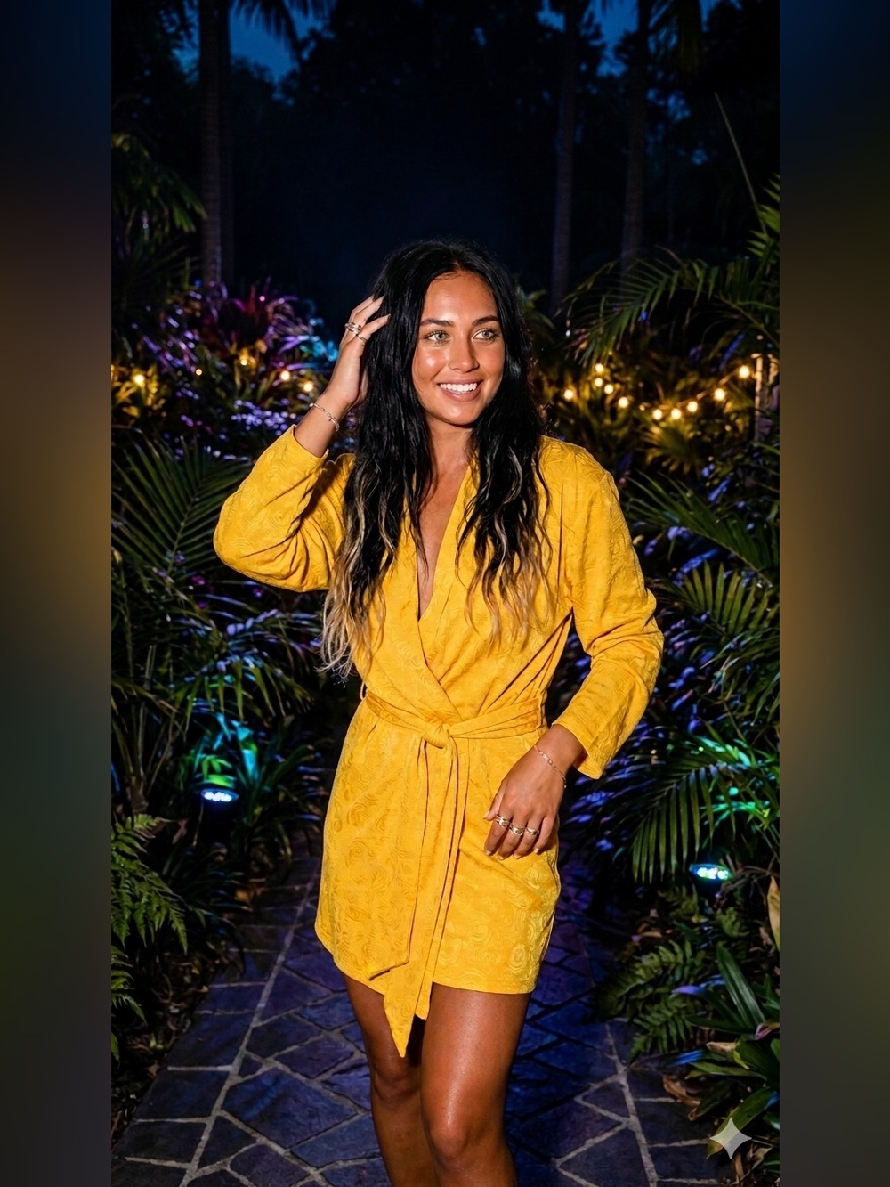 Yellow Wrap Robe Dress with Tie Belt - Women